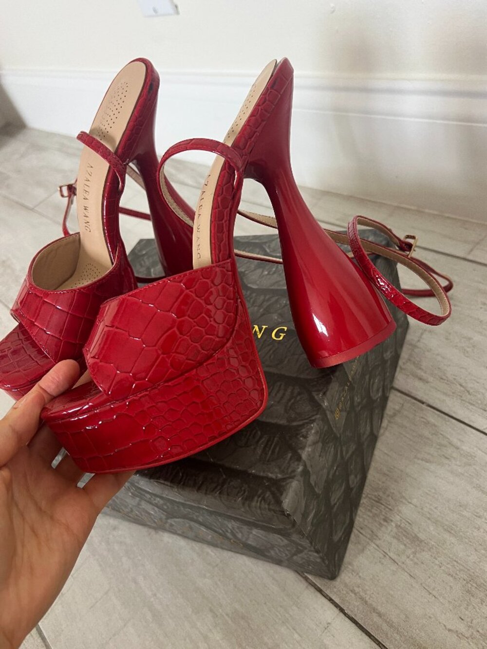 Azalea Wang Red Croc Embossed Platform Ankle Wrap Heels (Size 7.5)